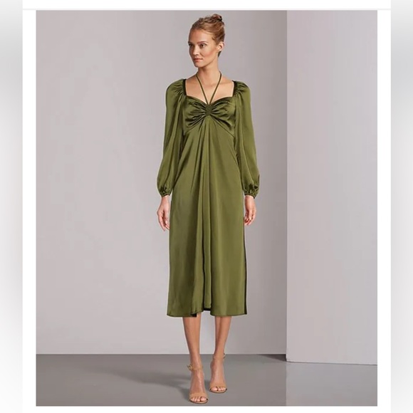 NWT Antonio Melani Bella Square Neck Long Blouson Sleeve Ruched Satin Midi Dress - Picture 5 of 11